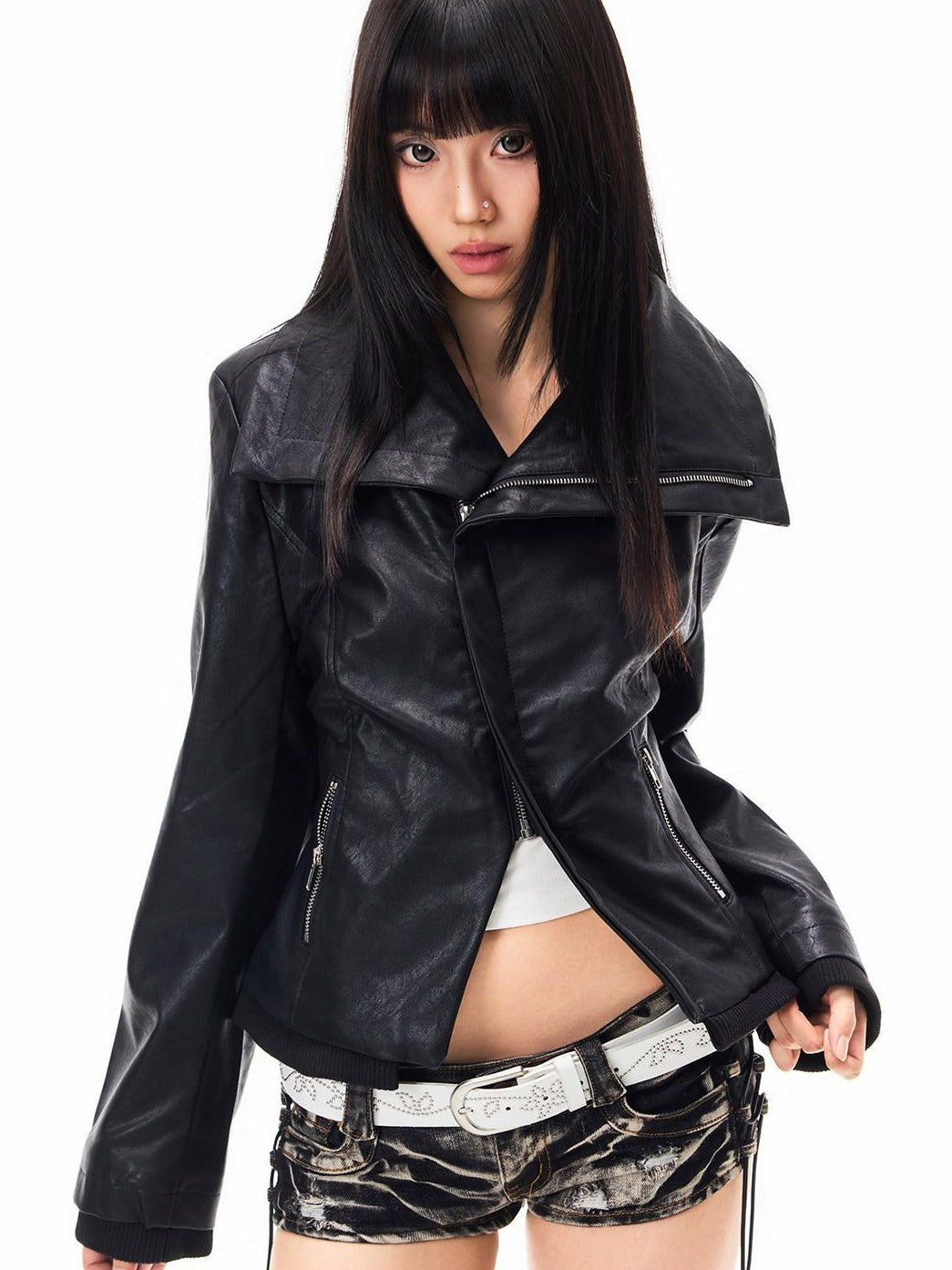 3MODE Vintage Lapel Asymmetrical Zipper Slim Fit Women&