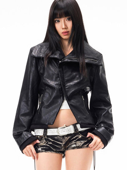 3MODE Vintage Lapel Asymmetrical Zipper Slim Fit Women&