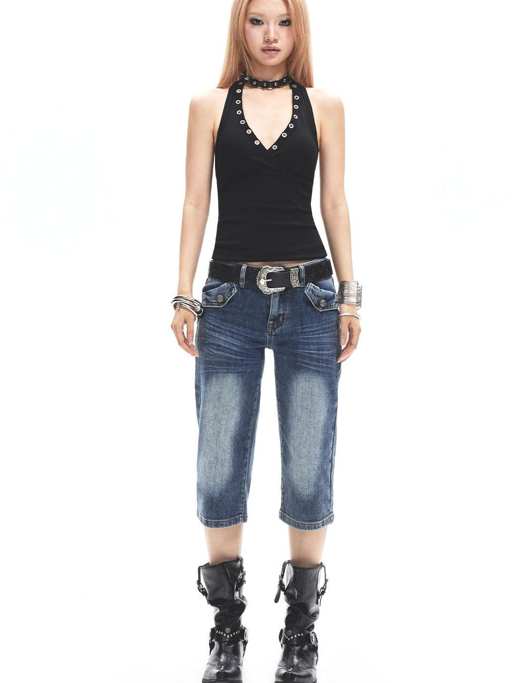 3MODE Vintage Metal Buckle V-neck Waist Cinch Slim Women&