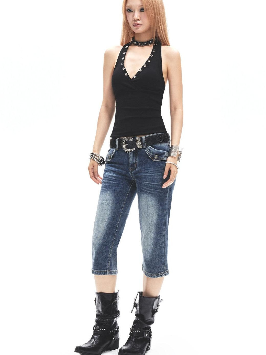 3MODE Vintage Metal Buckle V-neck Waist Cinch Slim Women&