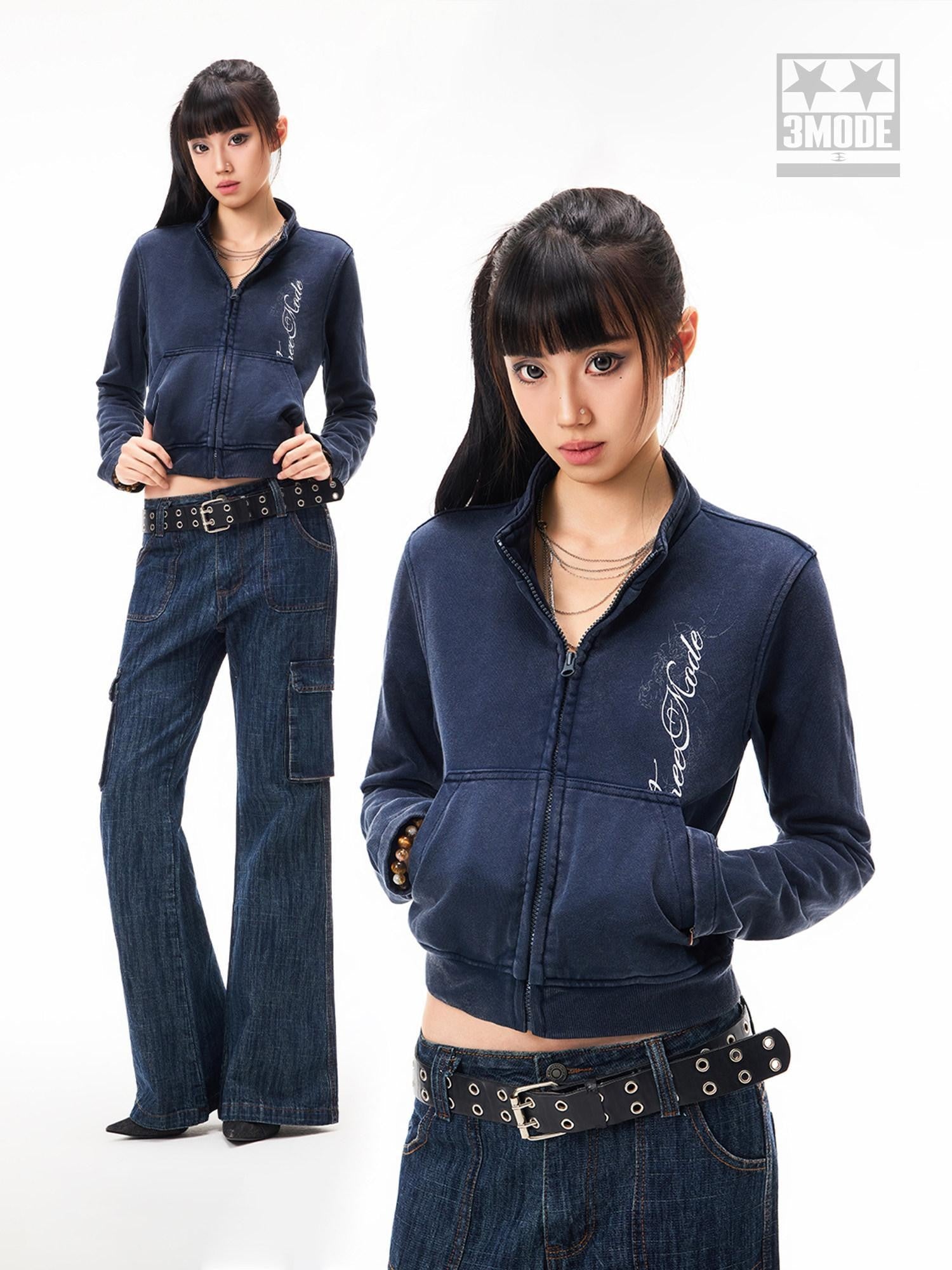 3MODE Vintage Print Stand Collar Zip Up Women&