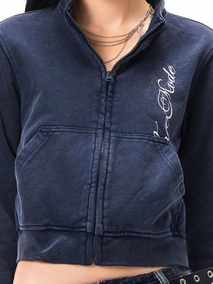 3MODE Vintage Print Stand Collar Zip Up Women&