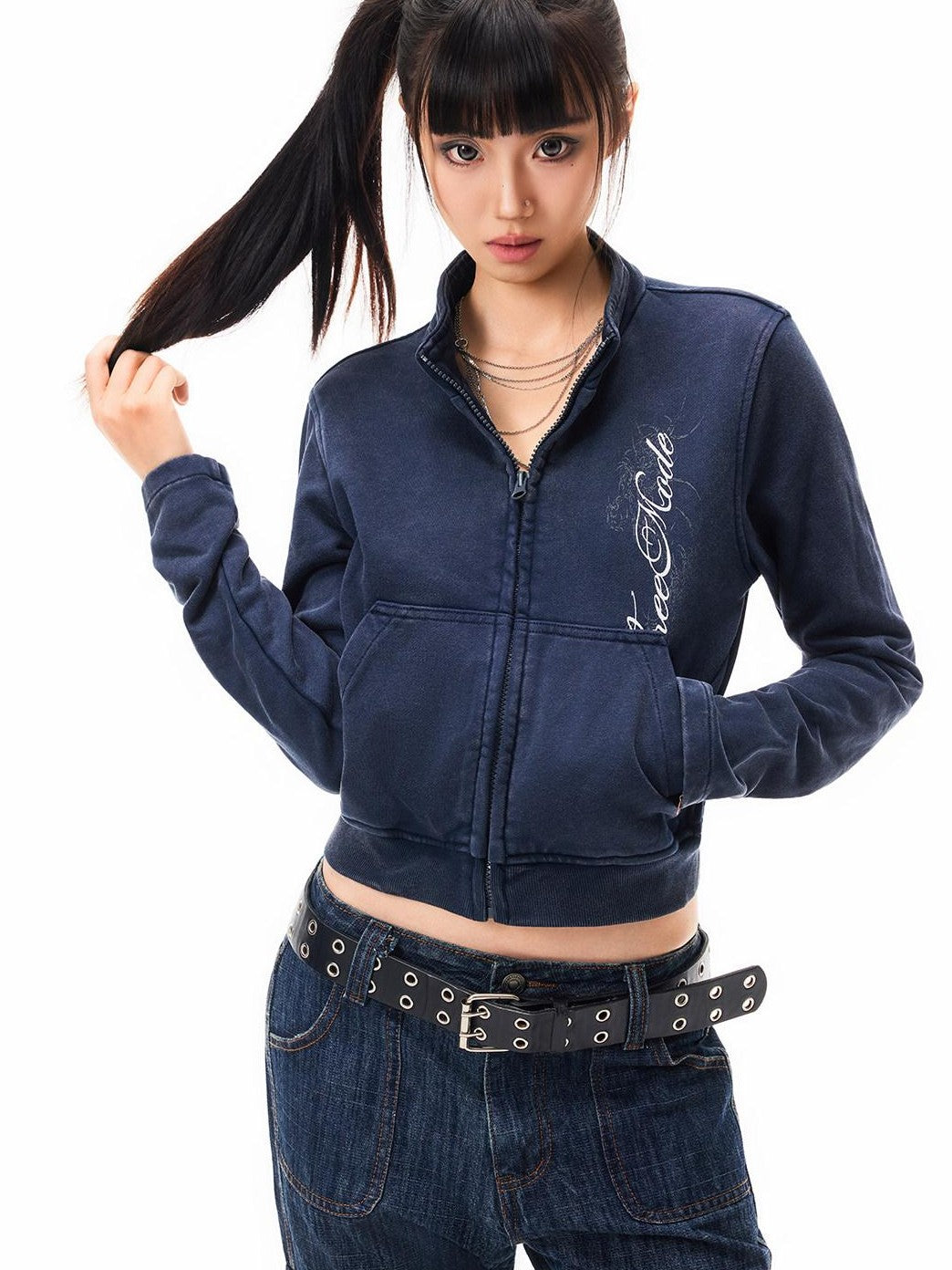 3MODE Vintage Print Stand Collar Zip Up Women&