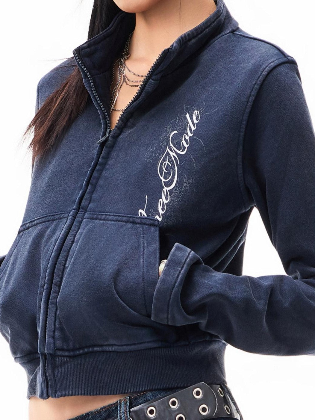 3MODE Vintage Print Stand Collar Zip Up Women&