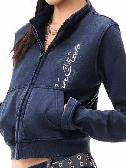 3MODE Vintage Print Stand Collar Zip Up Women&