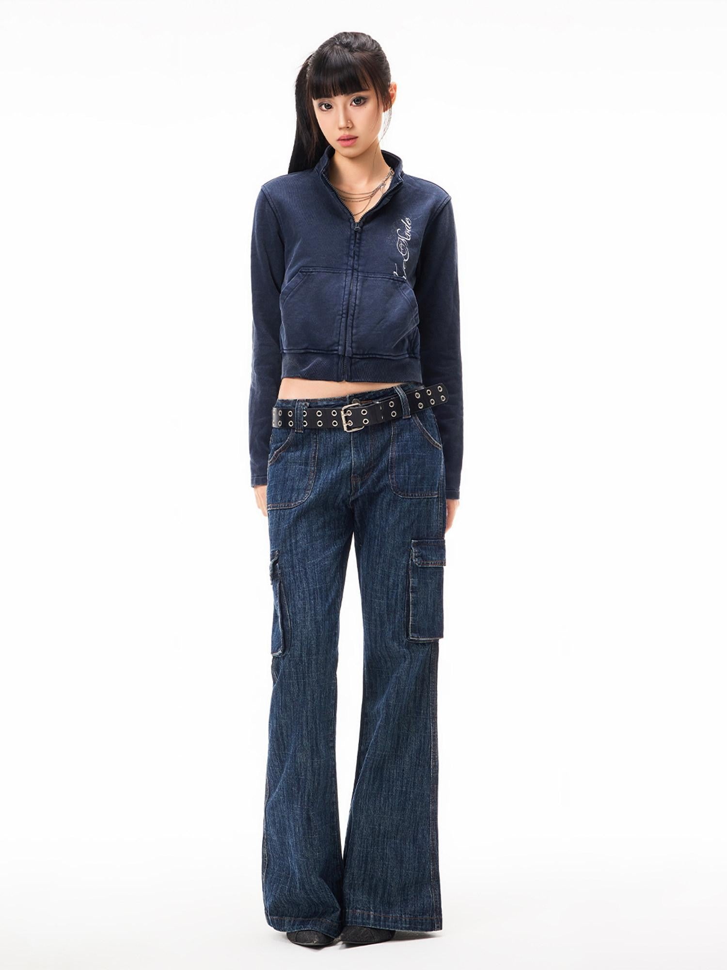 3MODE Vintage Print Stand Collar Zip Up Women&