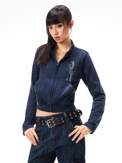 3MODE Vintage Print Stand Collar Zip Up Women&