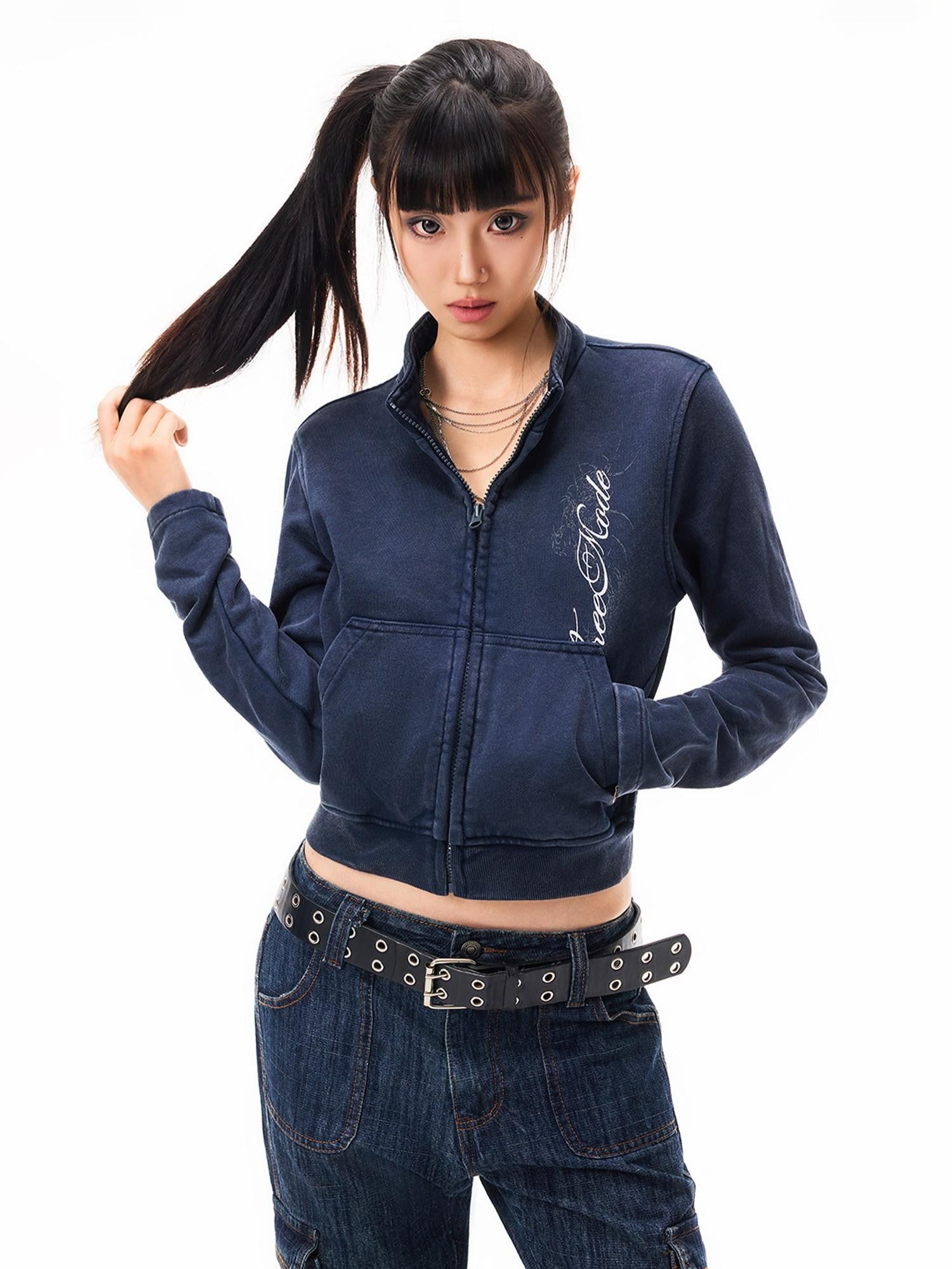 3MODE Vintage Print Stand Collar Zip Up Women&