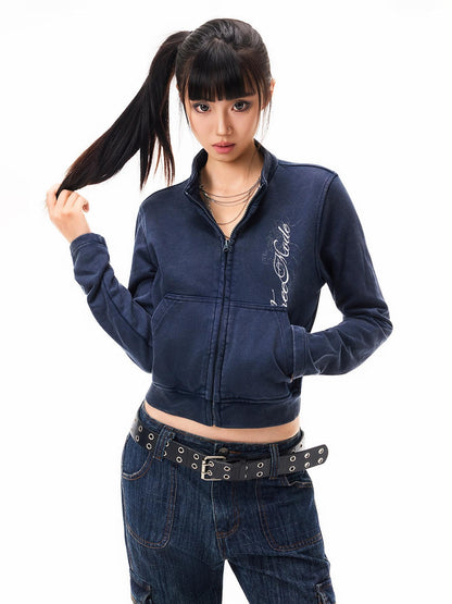 3MODE Vintage Print Stand Collar Zip Up Women&