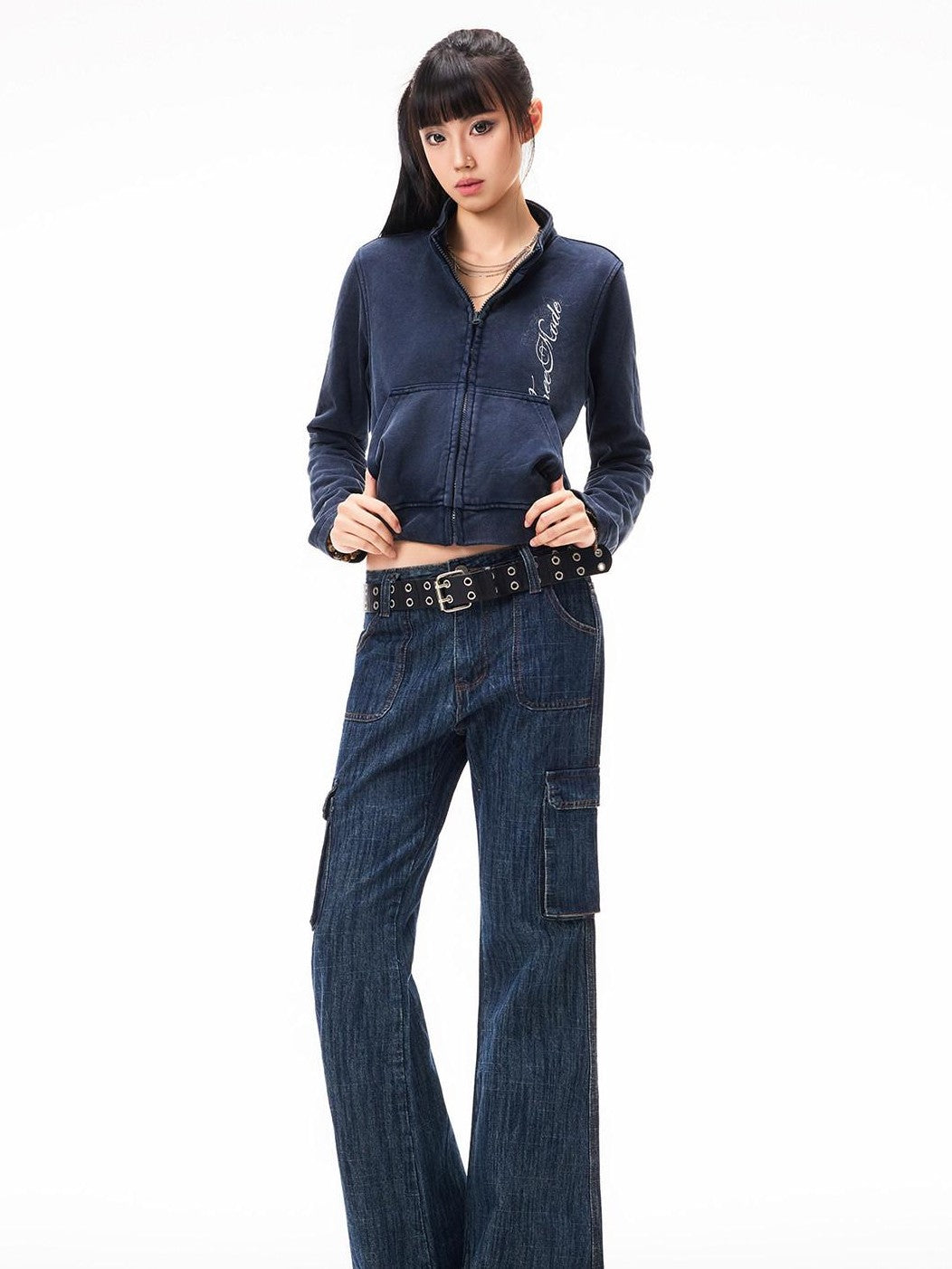3MODE Vintage Print Stand Collar Zip Up Women&