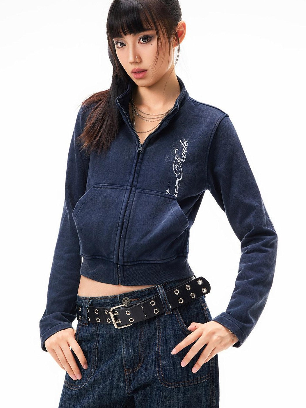 3MODE Vintage Print Stand Collar Zip Up Women&