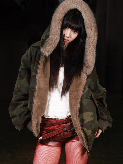 3MODE Vintage Reversible Camouflage Hooded Women&