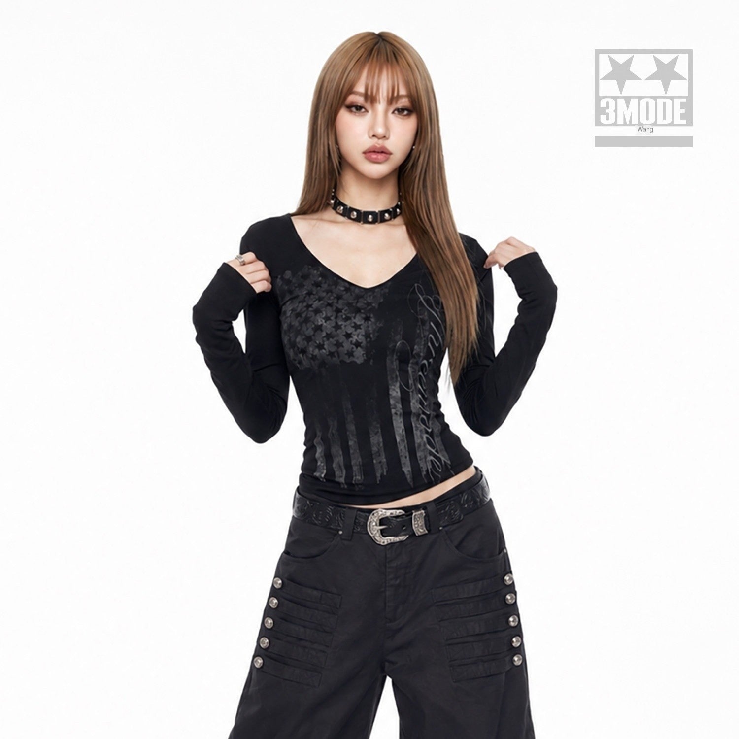 3MODE_Vintage_Tonal_Letter_Print_Low_V_Cinched_Waist_Women&