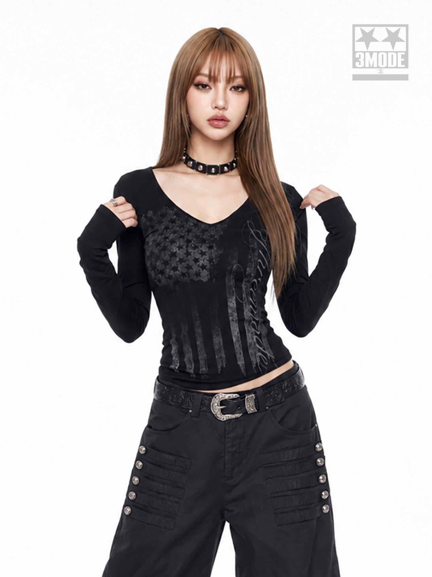 3MODE Vintage Tonal Letter Print Low V Cinched Waist Women&