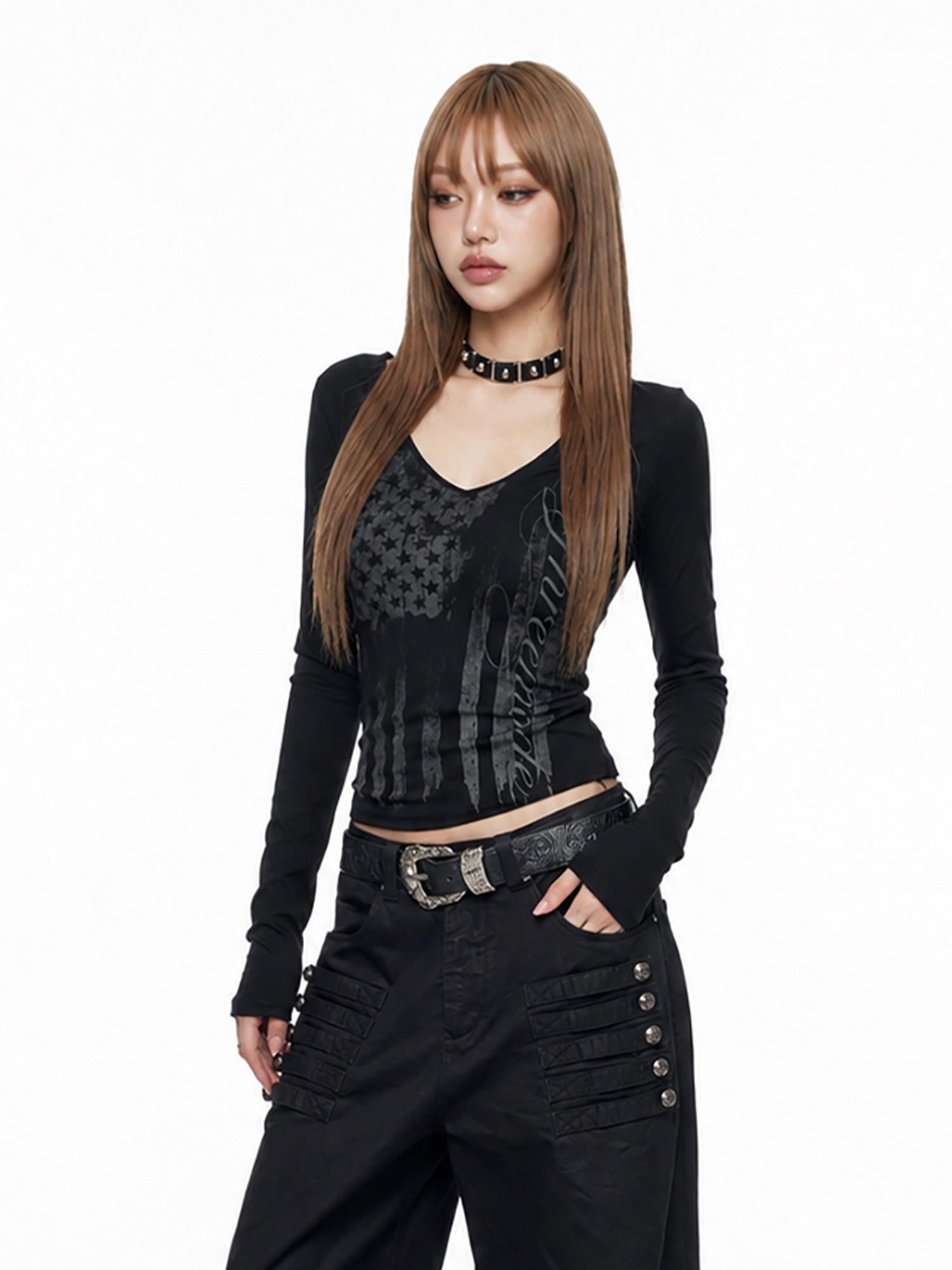 3MODE Vintage Tonal Letter Print Low V Cinched Waist Women&