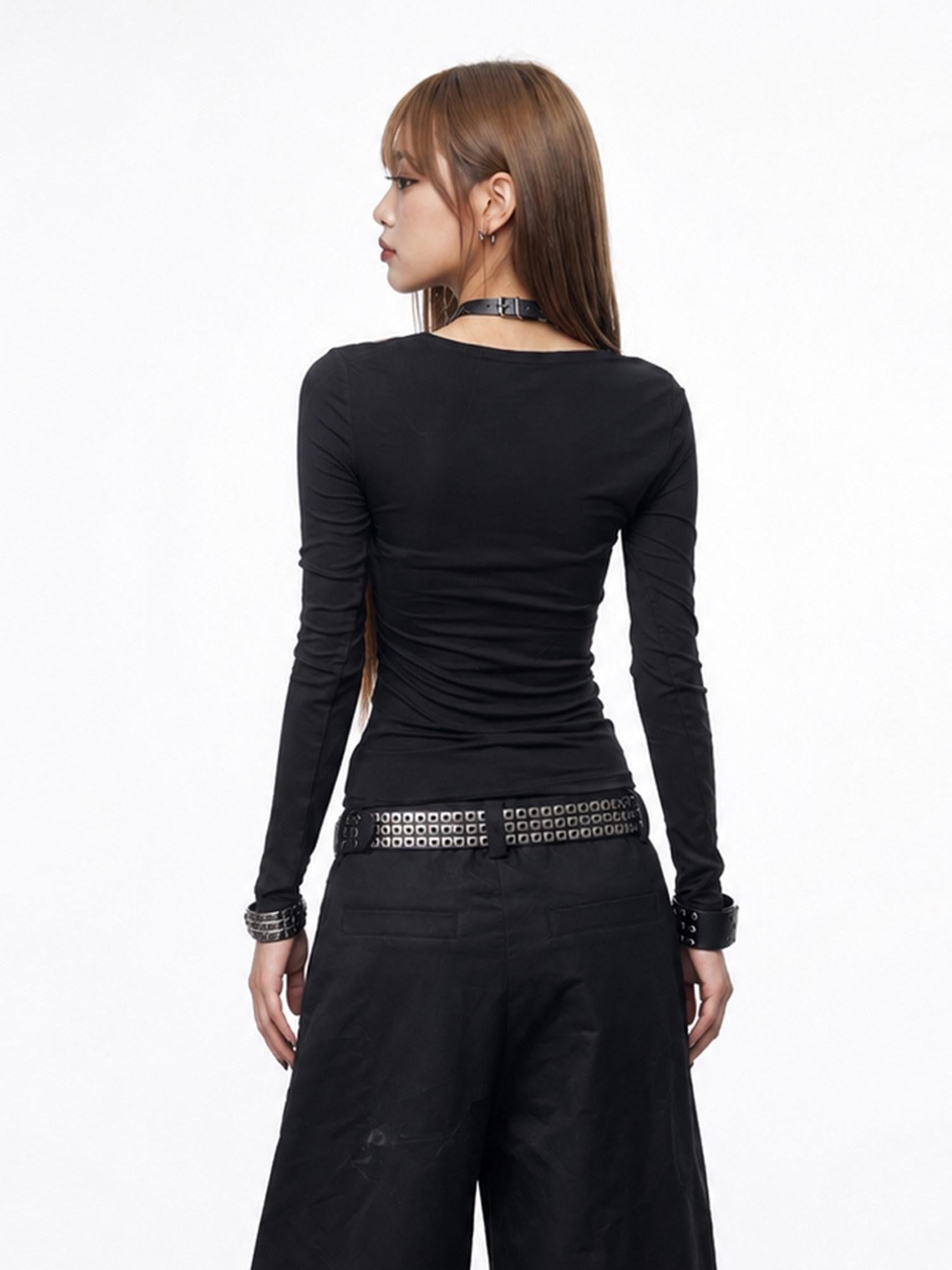 3MODE Vintage Tonal Letter Print Low V Cinched Waist Women&