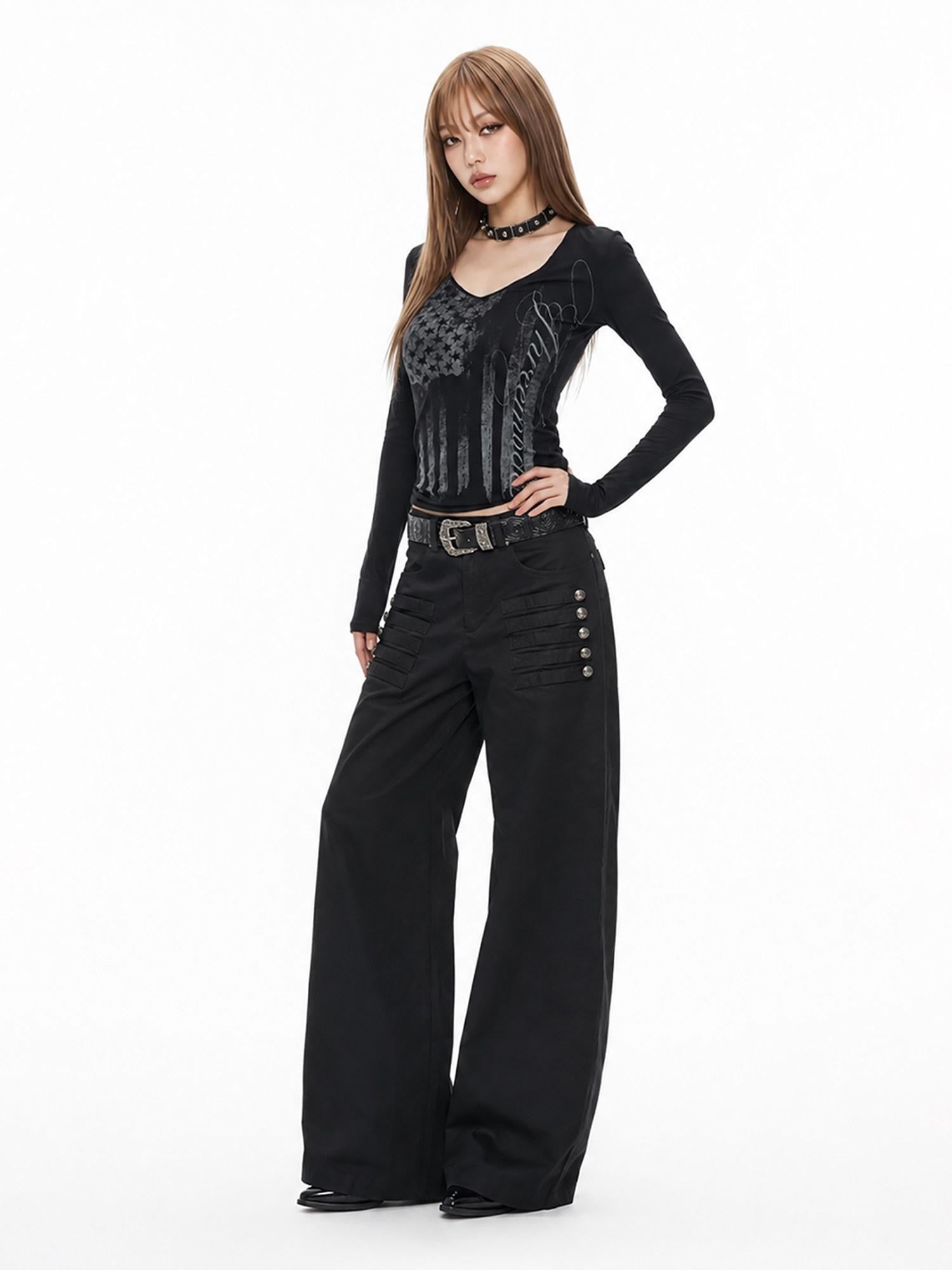 3MODE Vintage Tonal Letter Print Low V Cinched Waist Women&