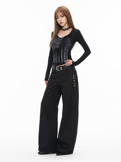 3MODE Vintage Tonal Letter Print Low V Cinched Waist Women&