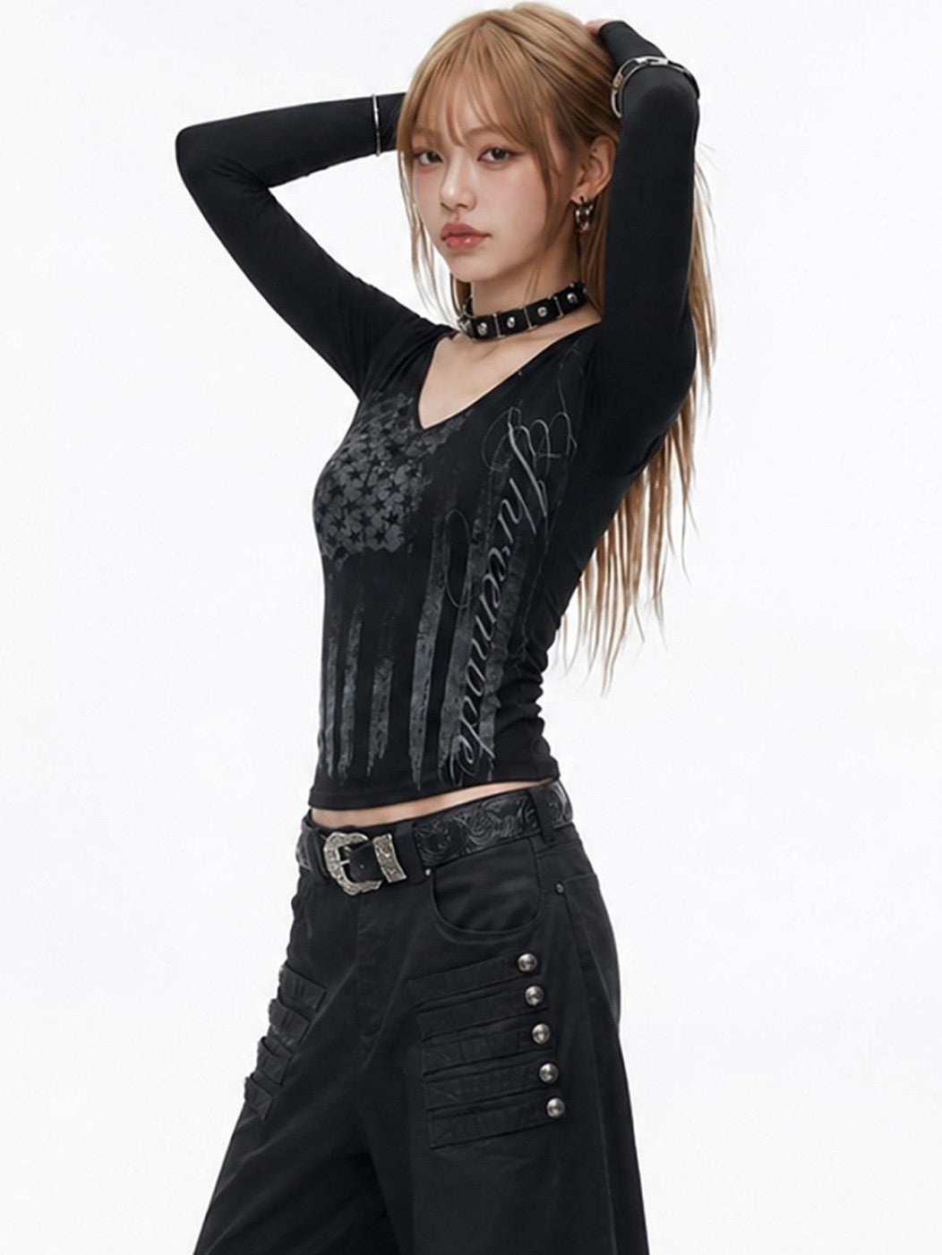 3MODE Vintage Tonal Letter Print Low V Cinched Waist Women&