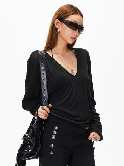 3MODE Vintage V-neck Batwing Drop Shoulder Women&
