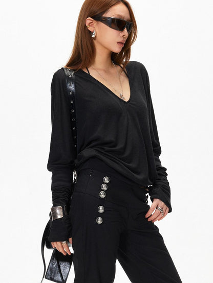 3MODE Vintage V-neck Batwing Drop Shoulder Women&