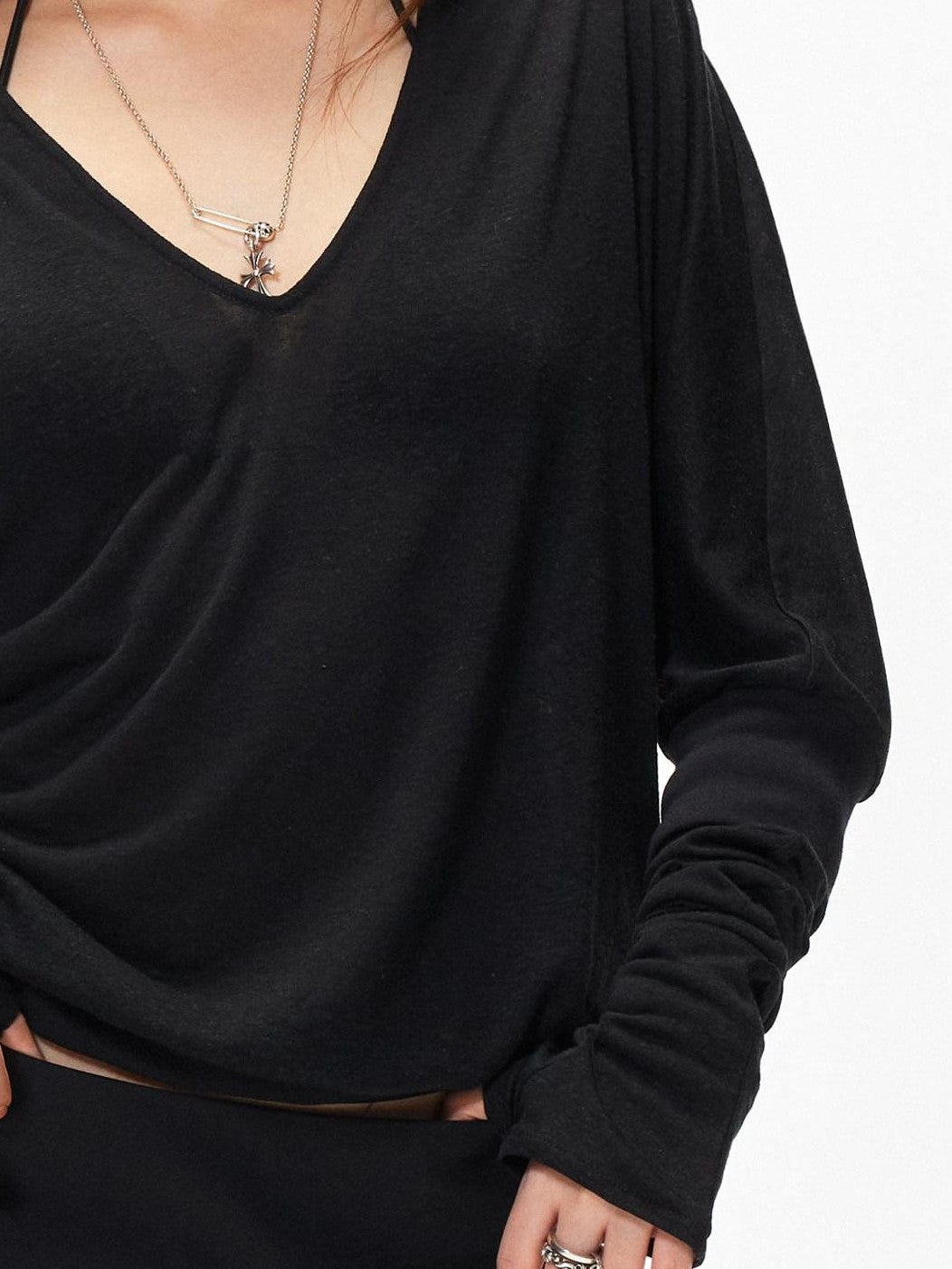 3MODE Vintage V-neck Batwing Drop Shoulder Women&