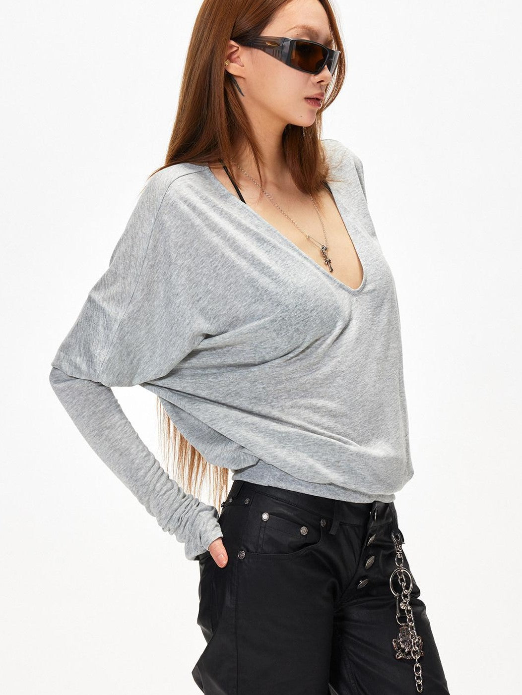 3MODE Vintage V-neck Batwing Drop Shoulder Women&