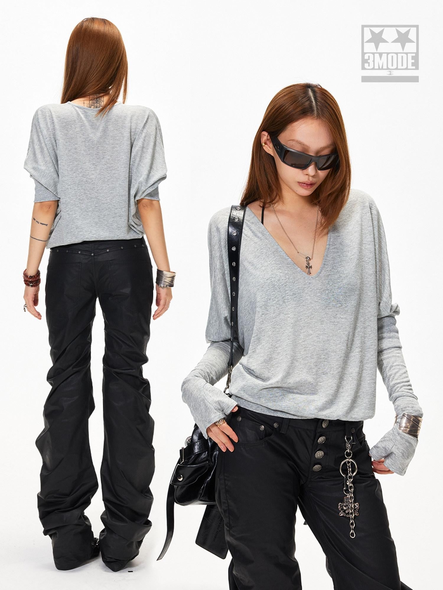 3MODE Vintage V-neck Batwing Drop Shoulder Women&