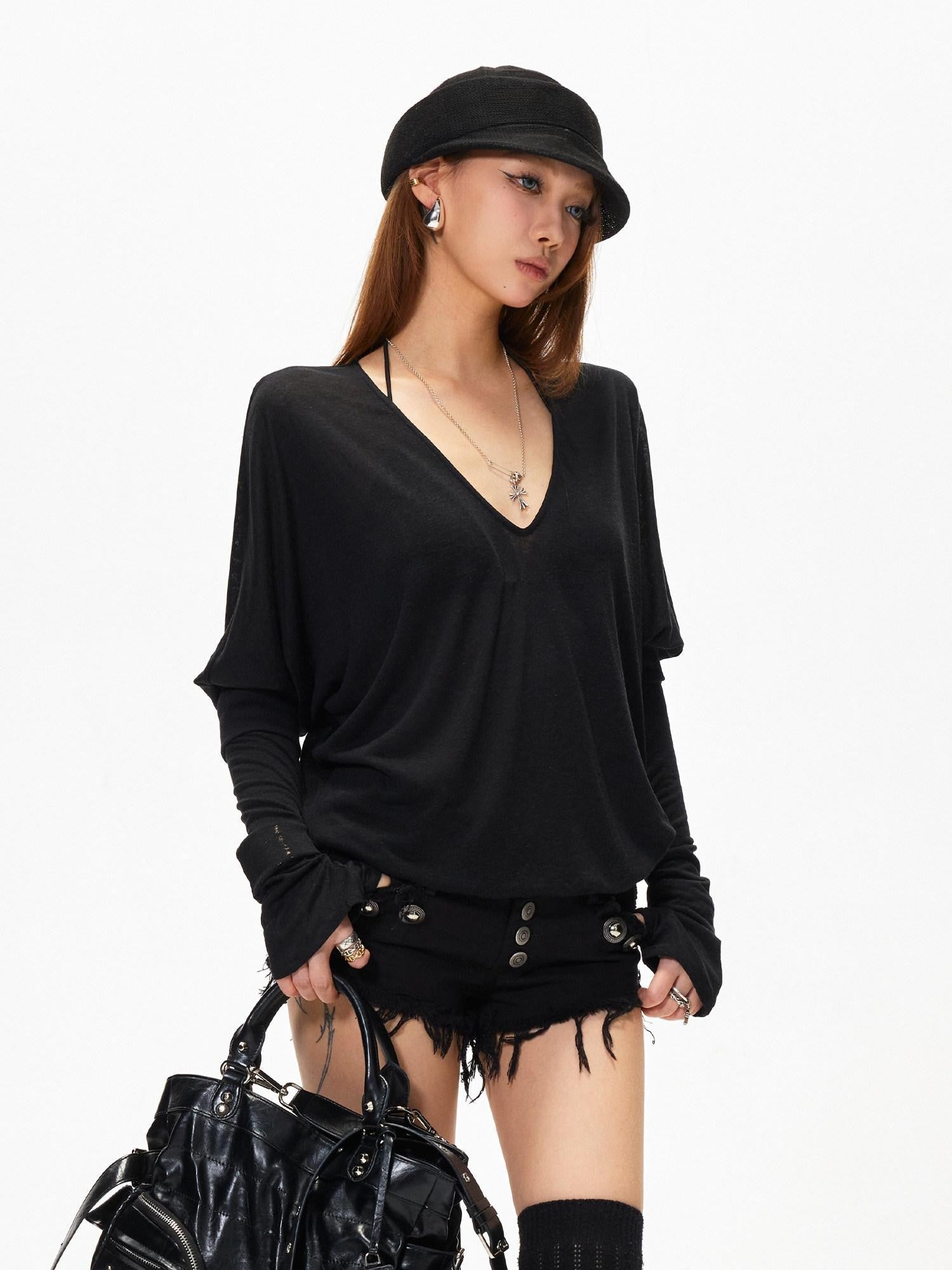 3MODE Vintage V-neck Batwing Drop Shoulder Women&