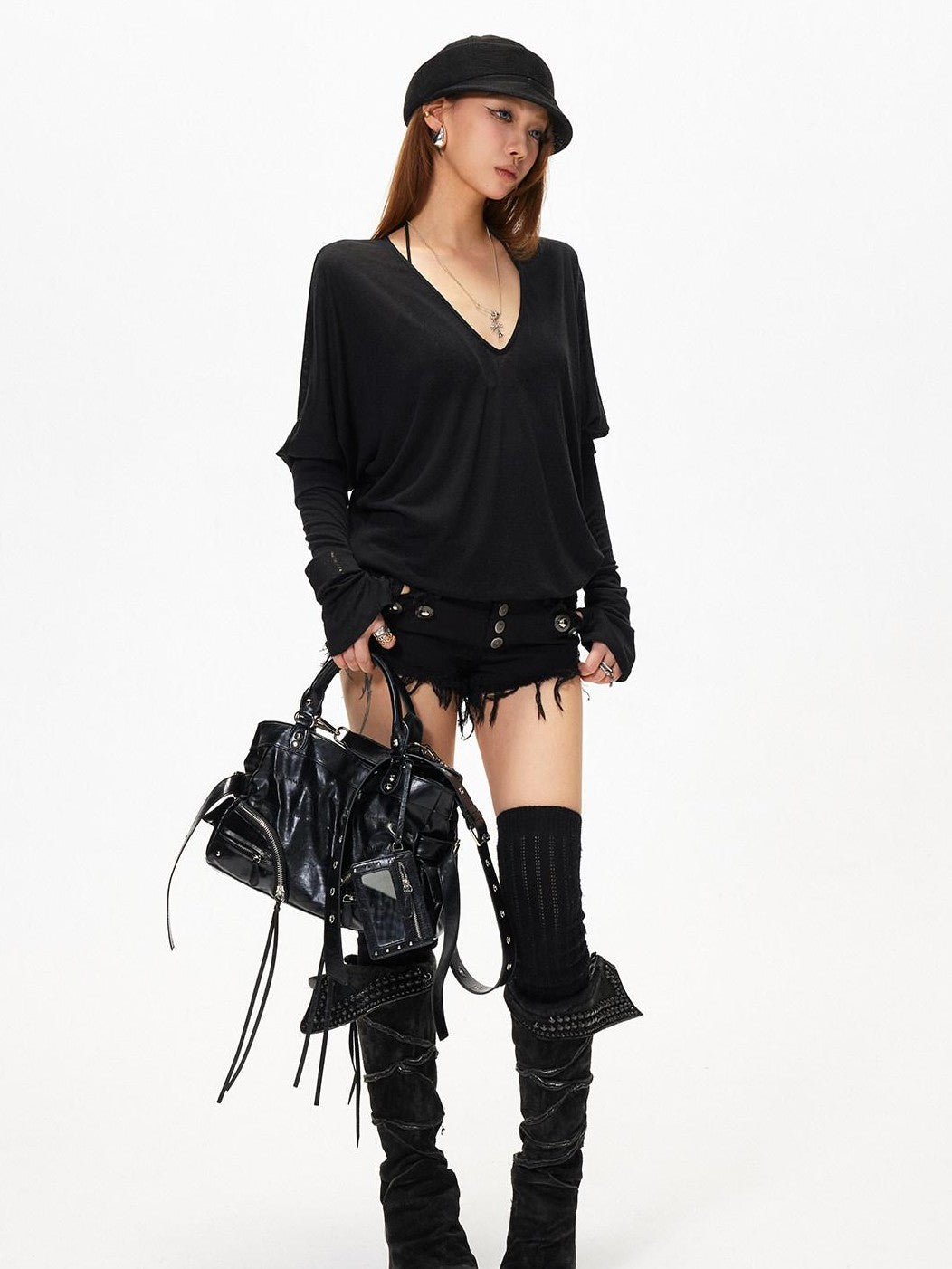 3MODE Vintage V-neck Batwing Drop Shoulder Women&