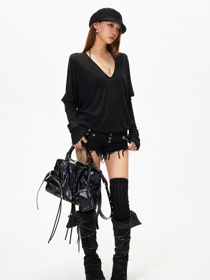 3MODE Vintage V-neck Batwing Drop Shoulder Women&