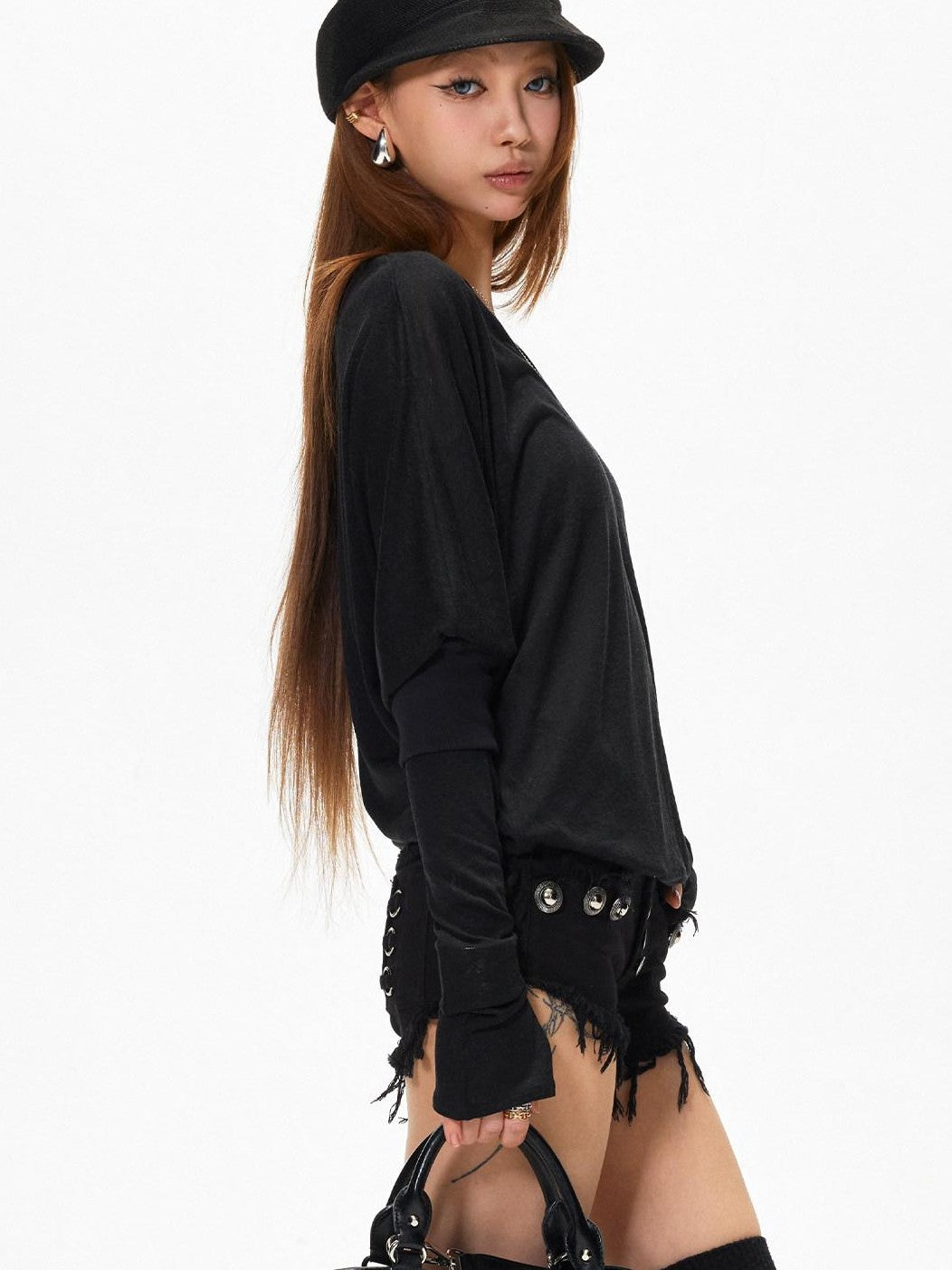 3MODE Vintage V-neck Batwing Drop Shoulder Women&