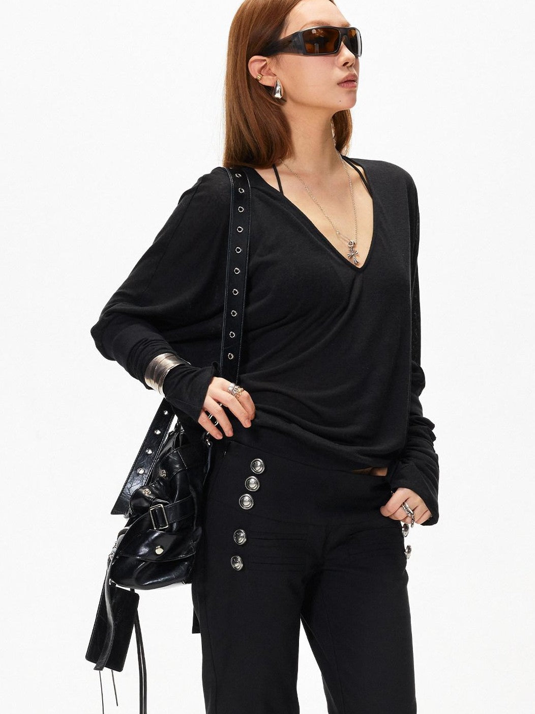 3MODE Vintage V-neck Batwing Drop Shoulder Women&