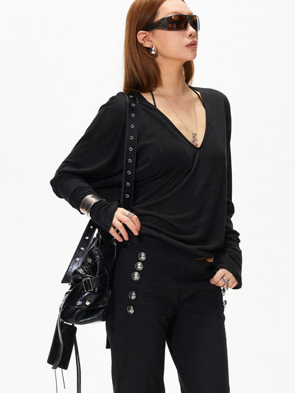 3MODE Vintage V-neck Batwing Drop Shoulder Women&