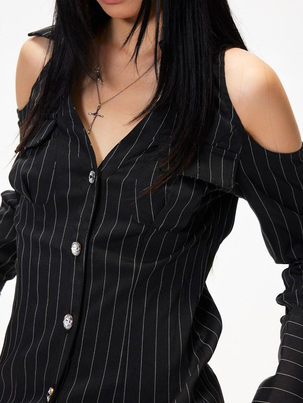 3MODE Vintage V-neck Vertical Stripe Cinched Waist Women&
