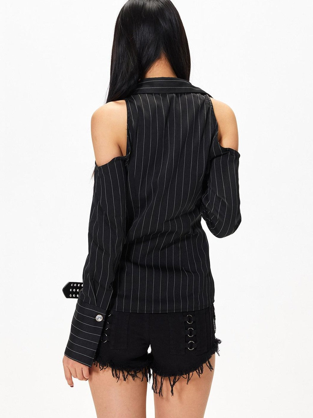 3MODE Vintage V-neck Vertical Stripe Cinched Waist Women&