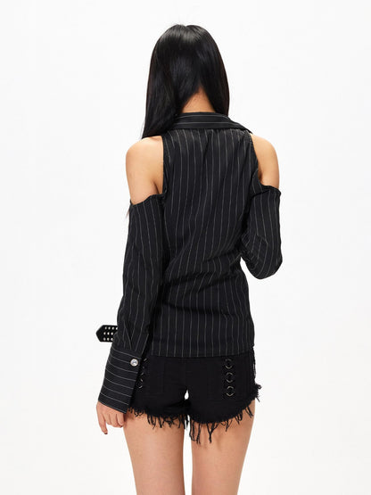 3MODE Vintage V-neck Vertical Stripe Cinched Waist Women&