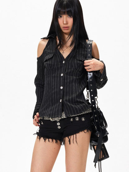 3MODE Vintage V-neck Vertical Stripe Cinched Waist Women&