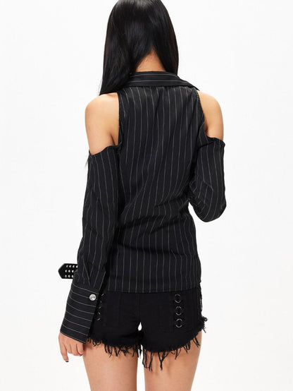 3MODE Vintage V-neck Vertical Stripe Cinched Waist Women&