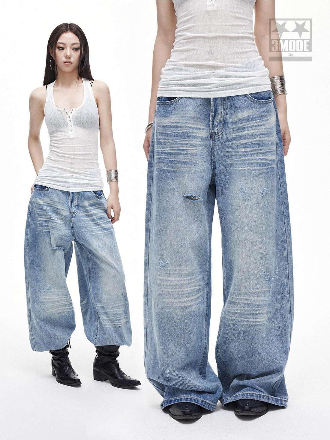3MODE Vintage Washed Distressed High Waist Women&