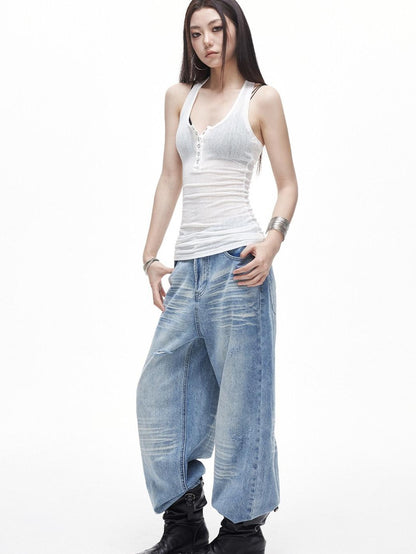 3MODE Vintage Washed Distressed High Waist Women&