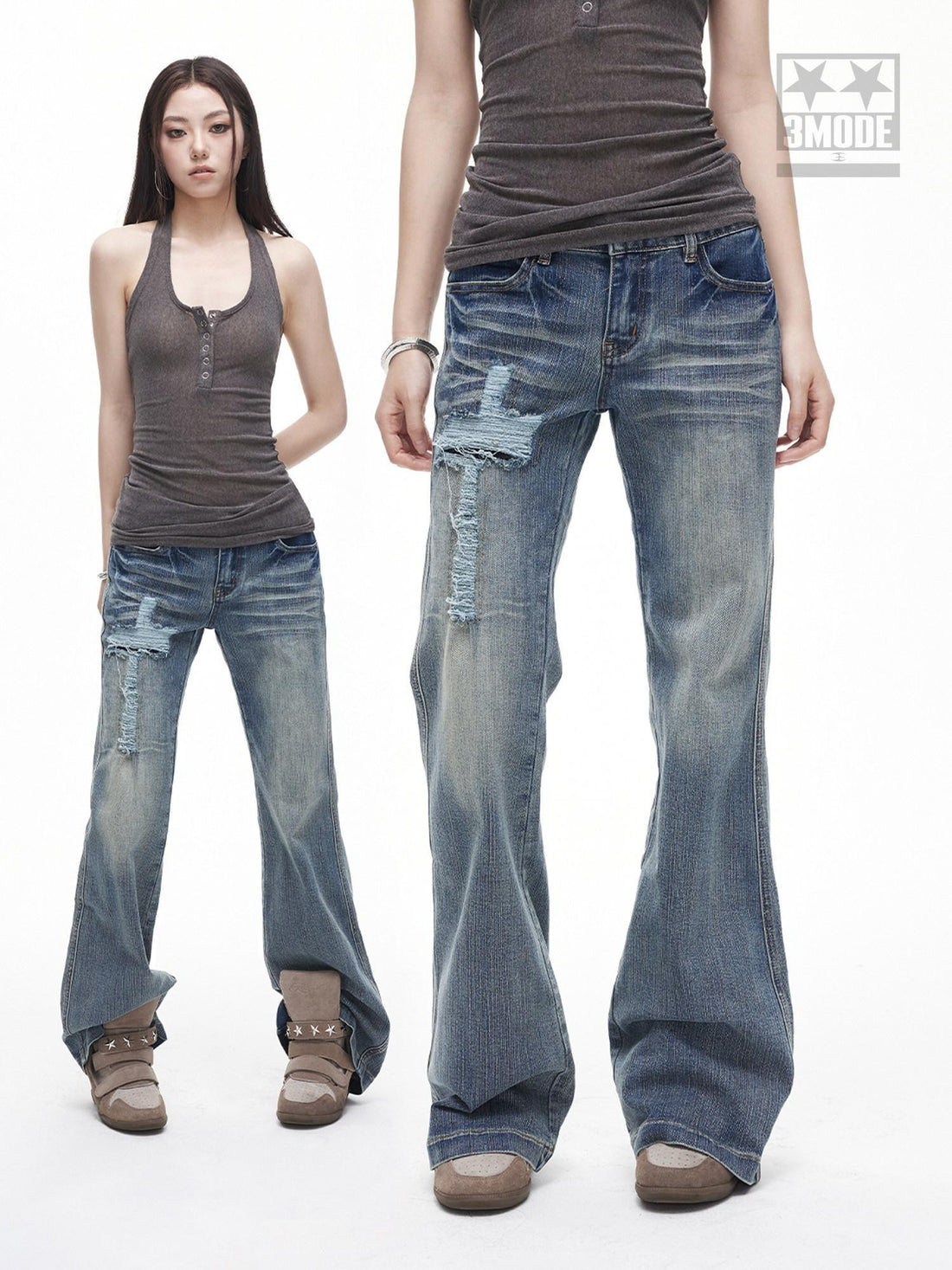 3MODE Vintage Washed Ripped Cross Low Waist Women&