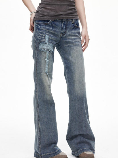 3MODE Vintage Washed Ripped Cross Low Waist Women&