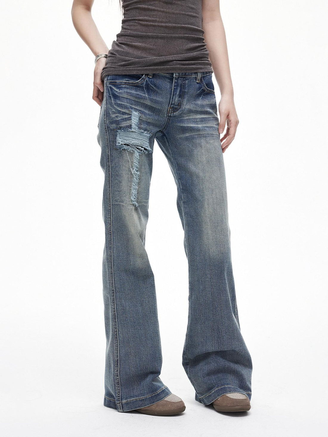 3MODE Vintage Washed Ripped Cross Low Waist Women&