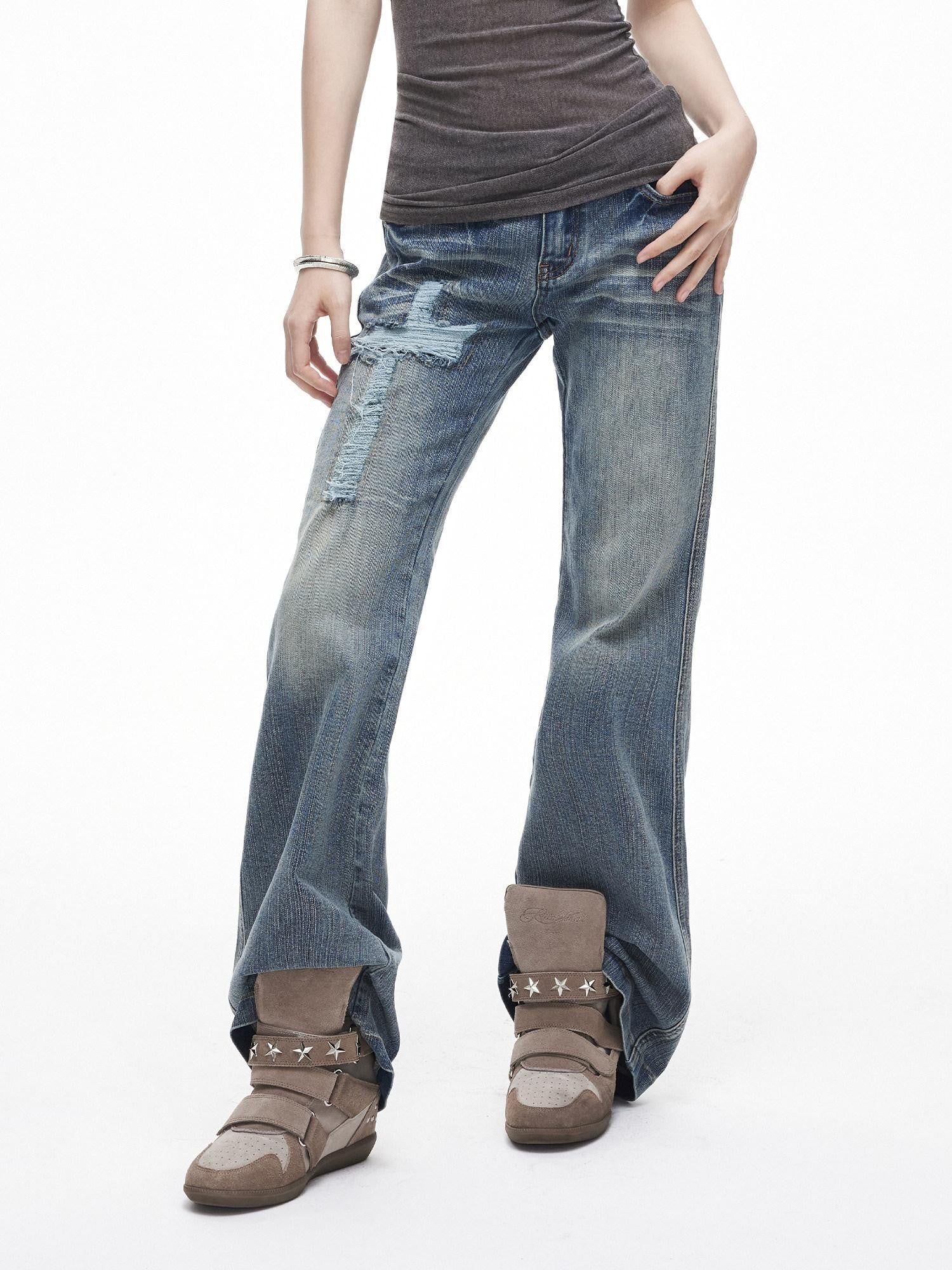 3MODE Vintage Washed Ripped Cross Low Waist Women&