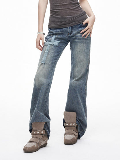 3MODE Vintage Washed Ripped Cross Low Waist Women&