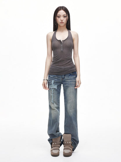3MODE Vintage Washed Ripped Cross Low Waist Women&