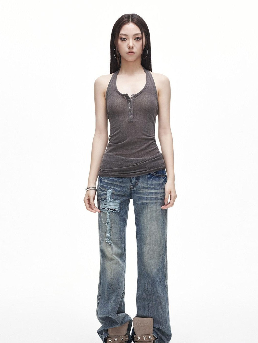 3MODE Vintage Washed Ripped Cross Low Waist Women&