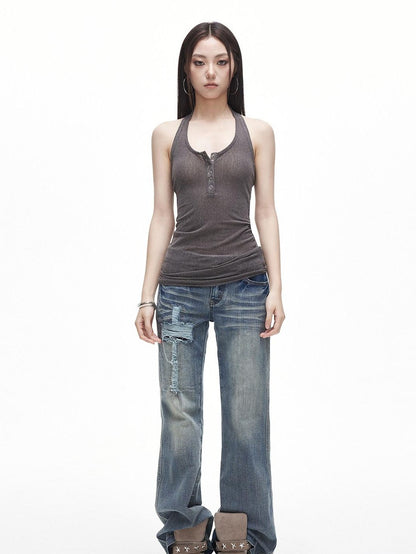 3MODE Vintage Washed Ripped Cross Low Waist Women&