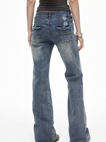 3MODE Vintage Washed Ripped Cross Low Waist Women&